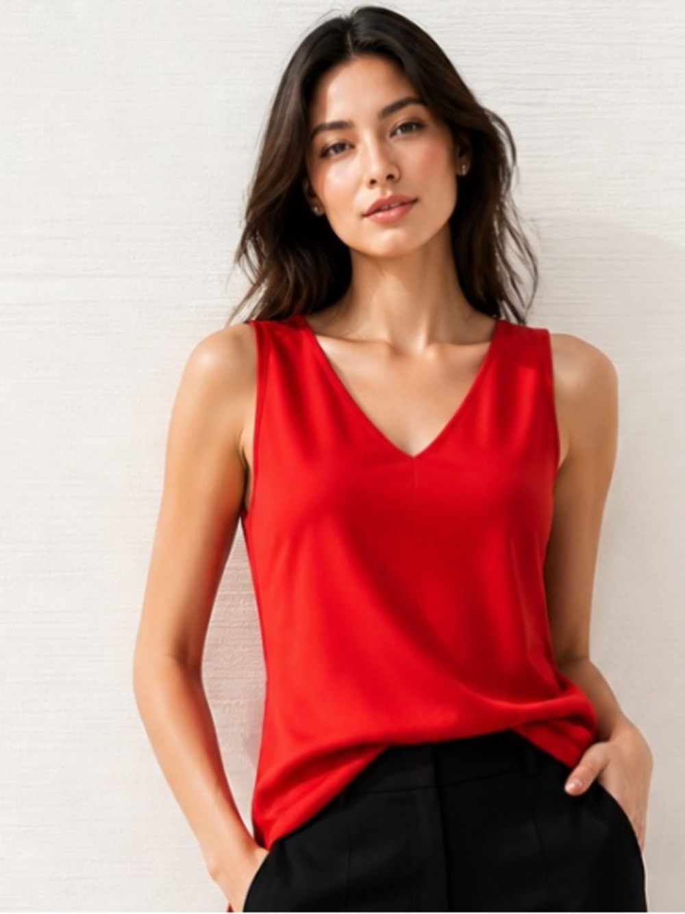 EILEEN FISHER Tank Top Red Knit Lightweight V Neck Career Small